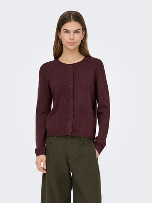 Young woman with straight brown hair wearing hoop earrings, a buttoned dark burgundy cardigan, and olive green wide-leg pants.