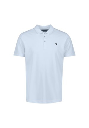 White short-sleeve polo shirt with three buttons and small black hexagonal logo on left chest, displayed on white background.