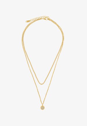 Gouden halsketting met twee gelaagde kettingen en een ronde hanger met zes heldere edelstenen symmetrisch gerangschikt.