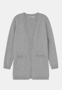 Cardigan cinza claro, de frente aberto, com bainha e punhos canelados, duas bolsos frontais com textura de malha. Adequado para sobrepôr com um ajuste descontraído.