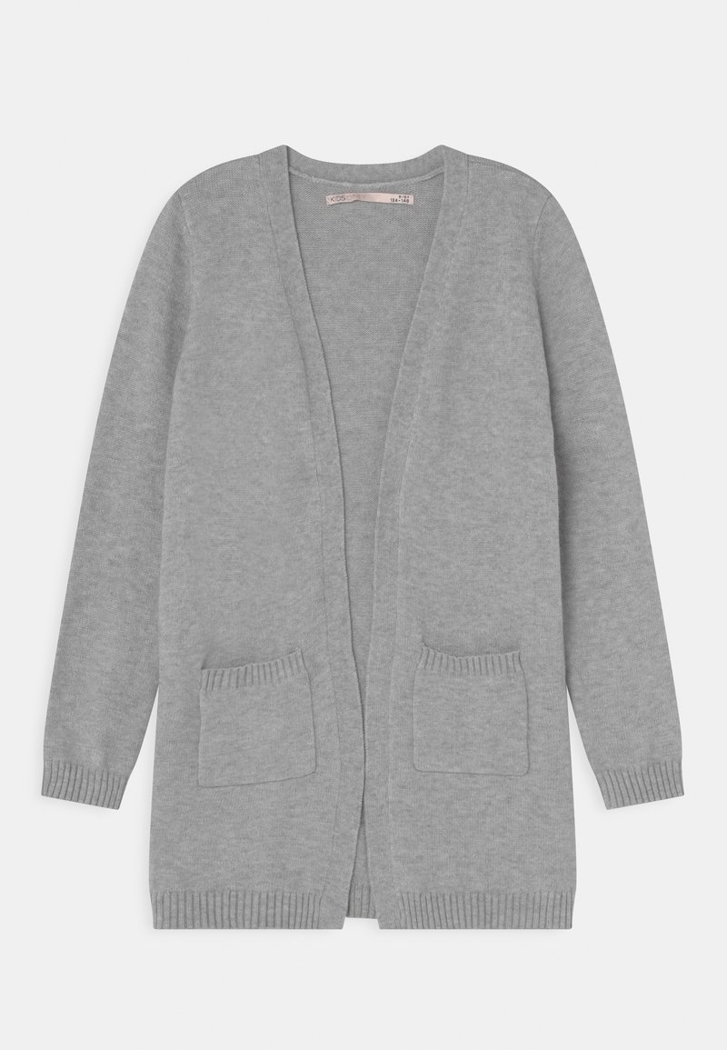 Cardigan cinza claro, de frente aberto, com bainha e punhos canelados, duas bolsos frontais com textura de malha. Adequado para sobrepôr com um ajuste descontraído.