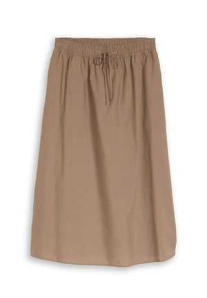 Brauner knielanger Rock mit elastischem Bund und Kordelzug, glatter Stoff, A-Linien-Form.