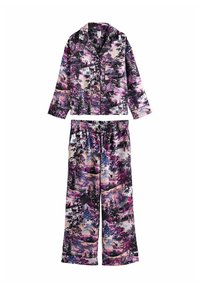 Ilgi piedurkņu pogājams pidžamu tops un elastīga vidukļa bikses ar daudzkrāsainu dabas ainavas apdruku rozā, violetā, melnā un zila toņos.