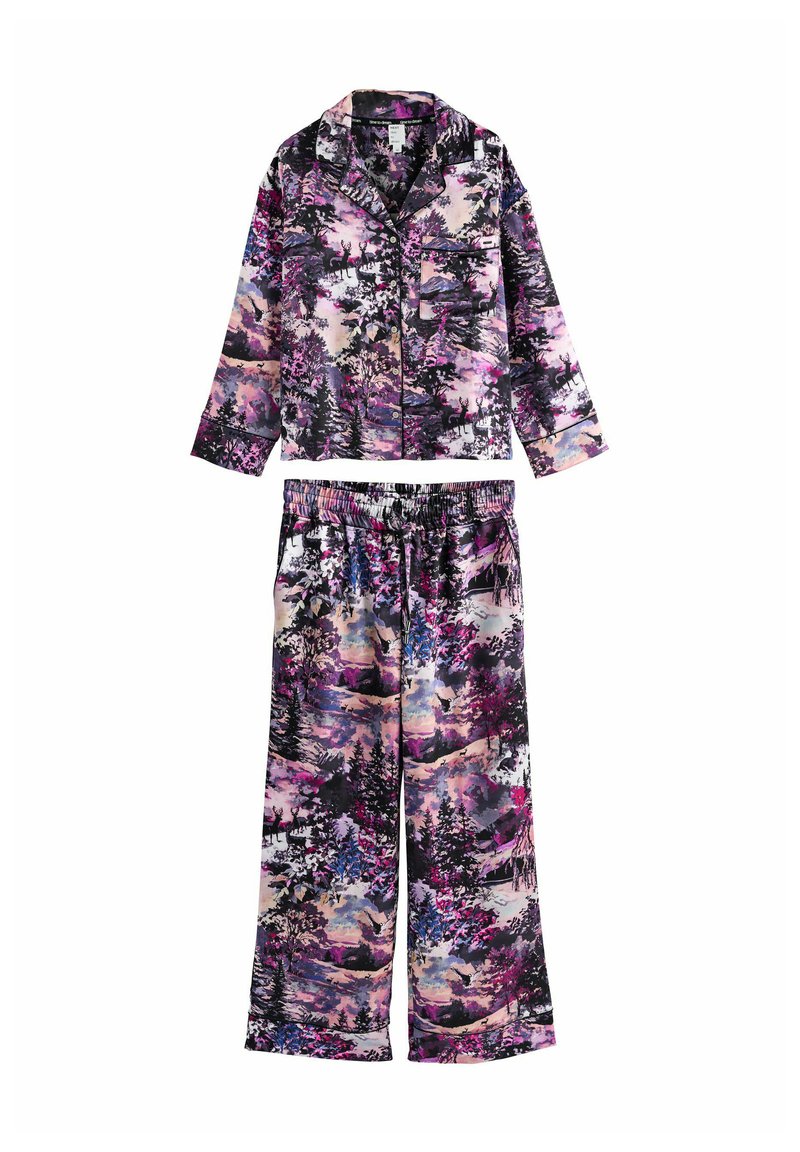 Ilgi piedurkņu pogājams pidžamu tops un elastīga vidukļa bikses ar daudzkrāsainu dabas ainavas apdruku rozā, violetā, melnā un zila toņos.
