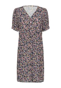 Rochie florală din țesătură bleumarin cu decolteu în V, mâneci scurte tip puff și închidere cu nasturi. Prezintă modele cu flori mici, multicolore.