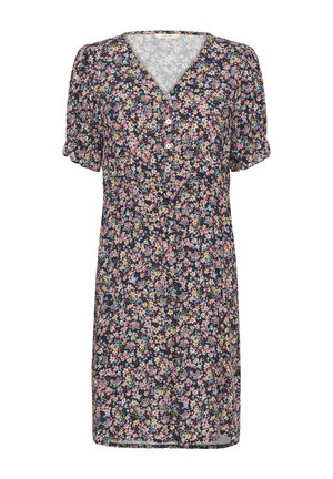 Robe florale en tissu bleu marine avec un décolleté en V, des manches bouffantes courtes et une fermeture à boutons sur le devant. Elle présente des motifs de petites fleurs multicolores.