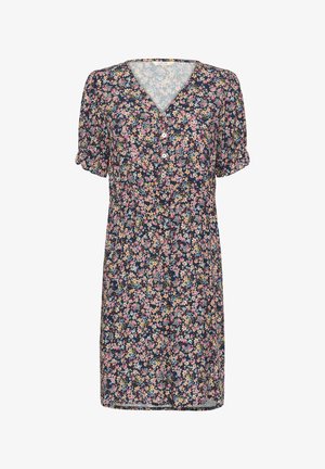 Floral dress in navy fabric with a V-neckline, short puff sleeves, and a button-down front. Features multicolored small flower patterns.