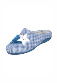 Zapatilla suave de color azul con un estampado y una aplicación de estrella, además de un tassel azul. Presenta un interior acolchado y una suela de goma de perfil bajo.