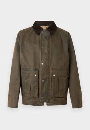 Braune Canvas-Jacke mit einem dunklen Cordkragen, Druckknöpfen und zwei vorderen Taschen mit gestickten Details.