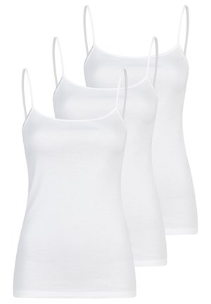 Drei weiße ärmellose Camisoles mit dünnen Trägern, nebeneinander angeordnet, auf einem schlichten weißen Hintergrund dargestellt.