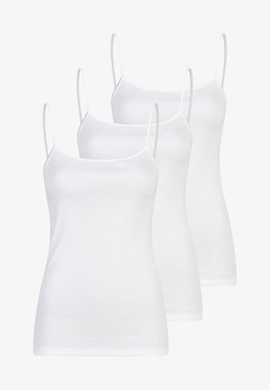 Drei weiße ärmellose Camisoles mit dünnen Trägern, nebeneinander angeordnet, auf einem schlichten weißen Hintergrund dargestellt.