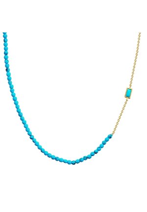 Collier de perles turquoises avec chaîne en or, présentant un accent rectangulaire en turquoise. Texture lisse, tailles de perles variées, design ludique.