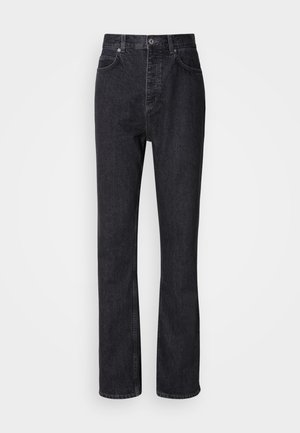 Høj talje sorte denim jeans med knap- og lynlåsåbning, for- og baglommer samt lige ben.
