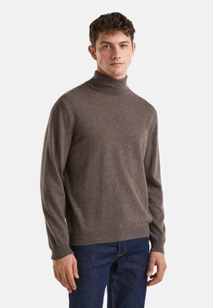 Maglione marrone a collo alto in maglia, con maniche lunghe, polsini a coste e design aderente, abbinato a jeans scuri. Tessuto liscio e taglio classico.