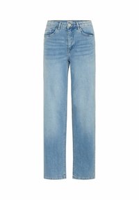Helle blaue Jeans aus Denim mit geradem Schnitt, Fünf-Taschen-Design und Knopfverschluss. Keine sichtbaren Verzierungen oder Muster.