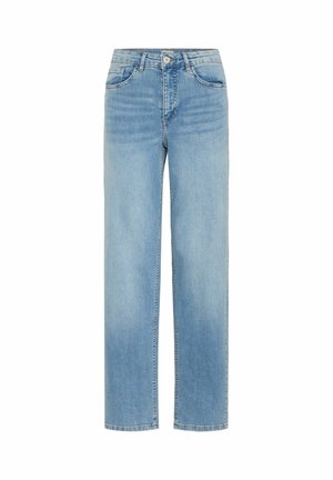 Light blue denim jeans with a straight cut, five-pocket design, and a button closure. No visible embellishments or patterns.