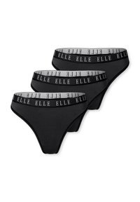 Drie paar zwarte damesthongs met een grijze elastische tailleband waarin "ELLE" in het zwart is gedrukt. Zachte textuur en minimalistisch ontwerp.