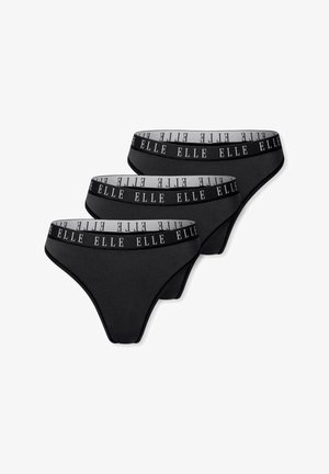 Trzy pary czarnych damskich stringów z szarym elastycznym paskiem w talii, na którym w czerni widnieje napis "ELLE". Gładka tekstura i minimalistyczny design.