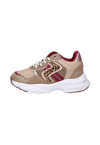 Beige en maroon sneakers met accenten van luipaardprint, gaasvelden, een dikke witte zool en een contrasterende bruine buitenzool. Voorzien van ronde veters.