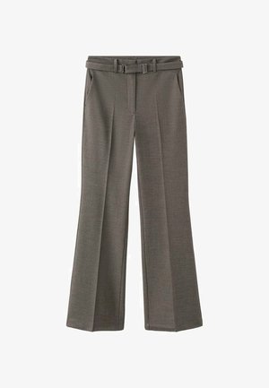 Szare szerokie spodnie o wysokim stanie z przednimi plisami, bocznymi kieszeniami, szlufkami na pasek oraz pasem z tkaniny z metalową klamrą.