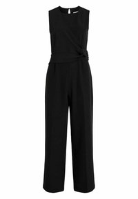 Combinaison noire sans manches avec un design cache-cœur, dotée d'un détail noué à la taille et d'une coupe à jambes larges. Tissu lisse avec peu de coutures.