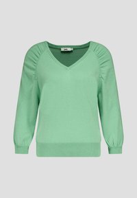 Mintgroene trui, V-hals ontwerp, gerimpelde schouderdetails, lange mouwen, geribde onderkant, zachte brei textuur.