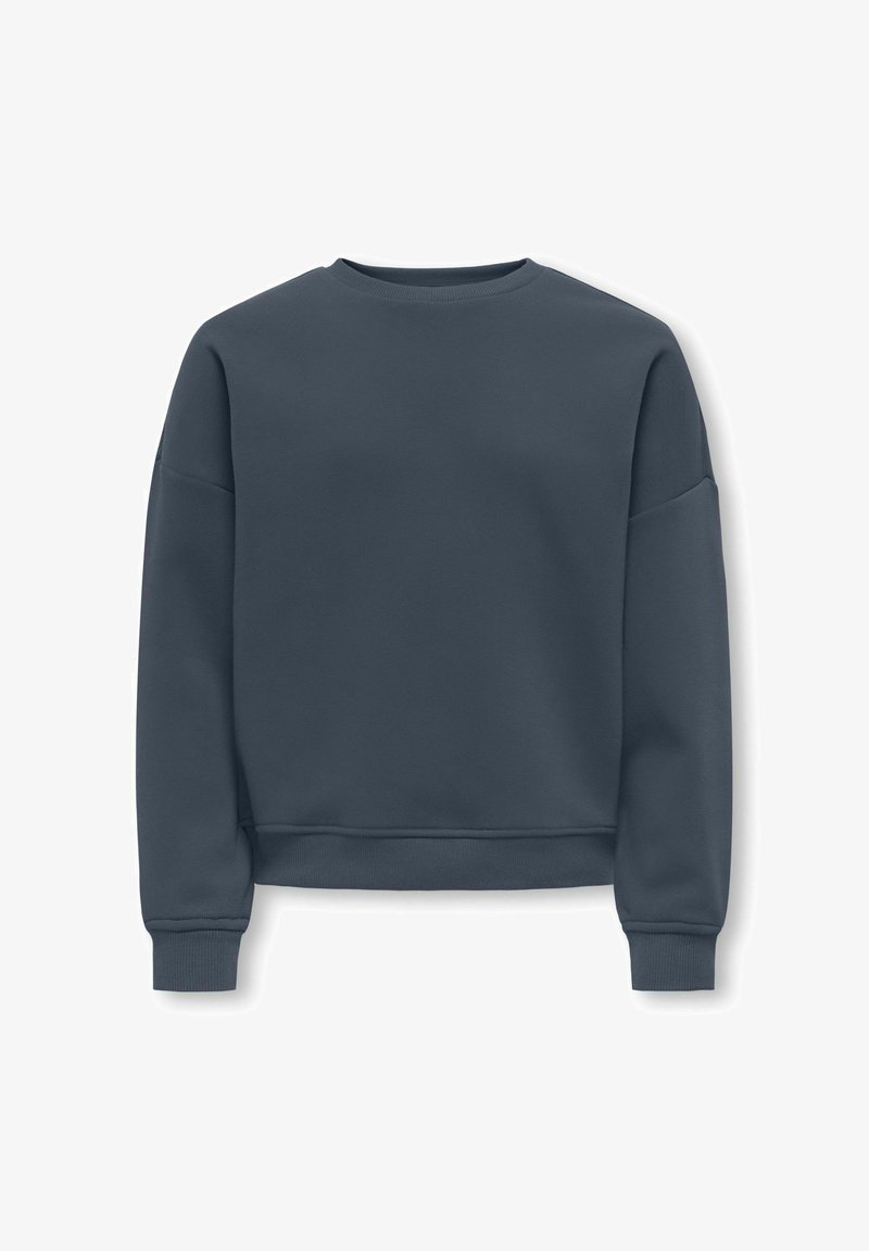 Šedá mikina vyrobená z hladké tkaniny, s kulatým výstřihem, dlouhými rukávy a ribkovanými manžetami. Jednoduchý design bez vzorů nebo akcentů.