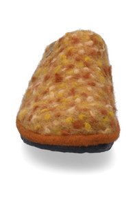 Wollen pantoffels met een gemêleerd, textuur vlak in warme tonen van oranje, geel en bruin, met een donkere zwarte zool.