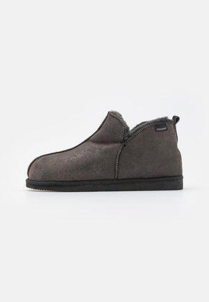 Gray suede ankle boots with shearling lining, side stitching detail, and a black rubber sole. Features a small loop at the back for easy wear.
