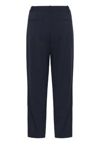 Tumši zili taisnas bikses ar jostasvietu, aizmugurējām kabatām un gludu auduma tekstūru. Vienkāršs dizains bez rotājumiem.