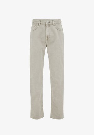 Pantaloni dritti grigio chiaro con tasche frontali, passanti per cintura e chiusura con bottone in vita.