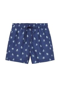 Námořnické plavky s tyrkysovým vzorem chobotnice, elastickým pasem se šňůrkou a hladkou texturou látky.