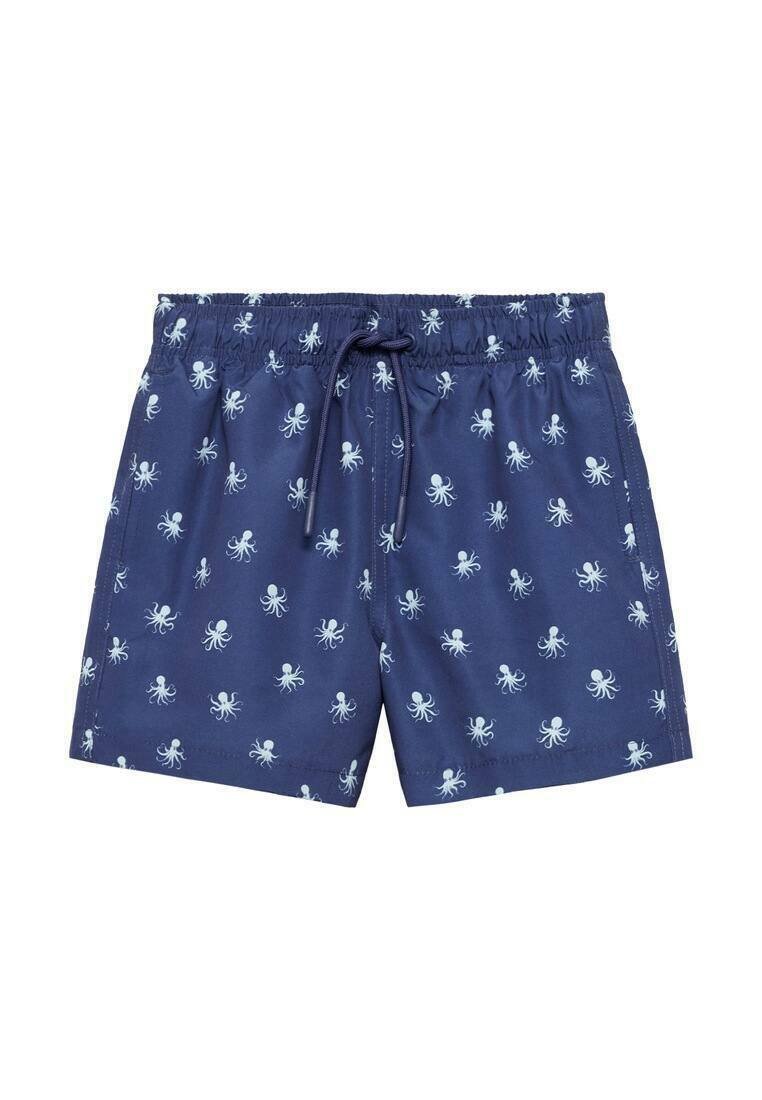 Námořnické plavky s tyrkysovým vzorem chobotnice, elastickým pasem se šňůrkou a hladkou texturou látky.