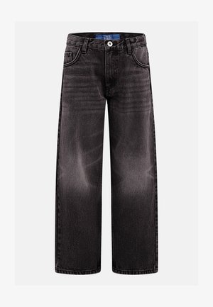 Czarne jeansy o szerokich nogawkach z wyblakłym wykończeniem, wzorem z pięcioma kieszeniami, zapięciem na metalowy guzik oraz kontrastowymi przeszyciami.