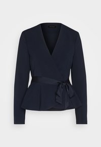 Tmavě modrá blůza s překlápěcím designem vyrobená z hladkého materiálu, která se vyznačuje peplum střihem, výstřihem do V a saténovým páskem v pase pro přiléhavý vzhled. Součástí jsou dlouhé rukávy.