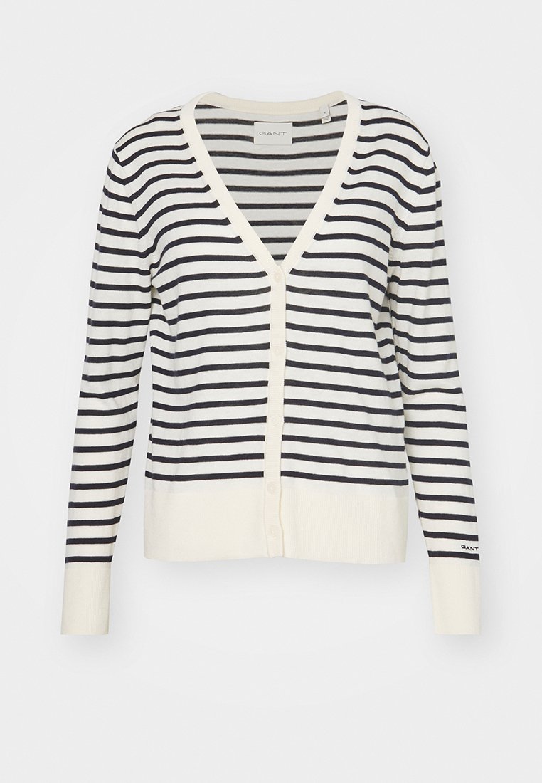 Gestreifter Cardigan in Creme und Marineblau, mit V-Ausschnitt, langen Ärmeln, fünf Knöpfen vorne und gerippten Bündchen und Saum.