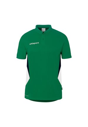 Polo vert à manches courtes avec panneaux latéraux bleu marine et blanc, col à deux boutons, et logo "uhlsport" sur le côté droit de la poitrine.