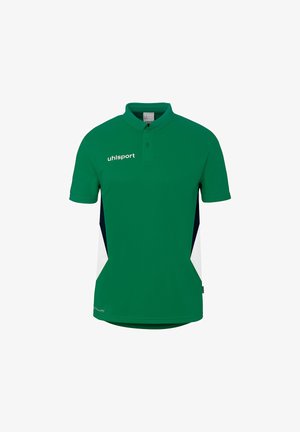 Polo vert à manches courtes avec panneaux latéraux bleu marine et blanc, col à deux boutons, et logo "uhlsport" sur le côté droit de la poitrine.