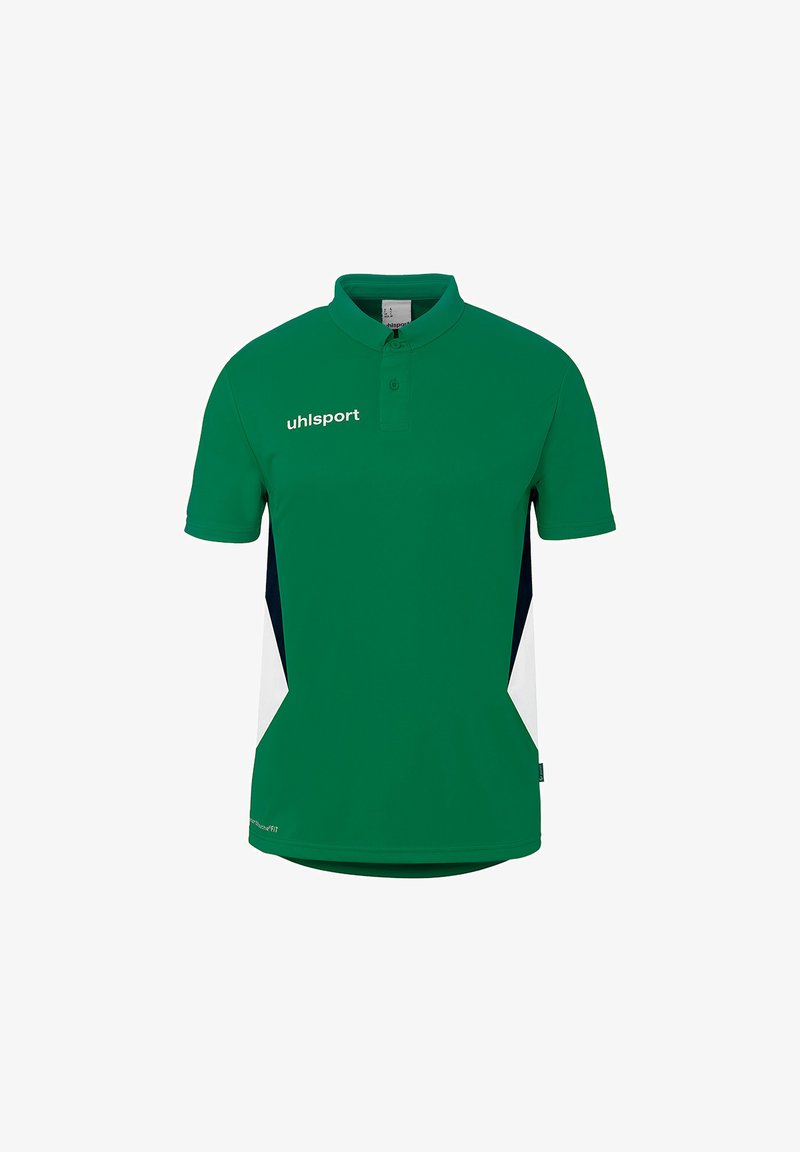 Polo vert à manches courtes avec panneaux latéraux bleu marine et blanc, col à deux boutons, et logo "uhlsport" sur le côté droit de la poitrine.