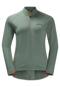Giacca zip-up verde chiaro con una superficie texturizzata, colletto alto, tirazip arancione e dettagli a contrasto sulle maniche e sull'orlo.
