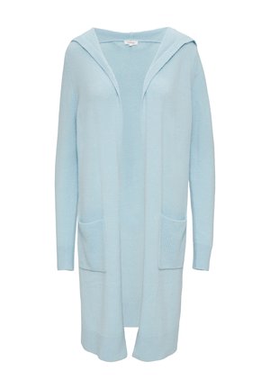 Hellblauer, offen gestalteter Cardigan mit Kapuze, zwei vorderen Taschen, langen Ärmeln und gerippten Bündchen. Hergestellt aus weichem, strukturiertem Stoff.