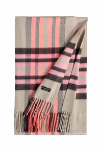 Écharpe en laine douce avec une base beige et un motif à carreaux rose, gris et noir, présentant des extrémités effilochées et une petite étiquette de marque.