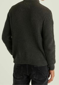 Dunkelgrüner, gestrickter Pullover mit geripptem Muster, Stehkragen und eng anliegenden Bündchen. Wird über schwarzen Jeans getragen und zeigt ein einfaches, lässiges Design.