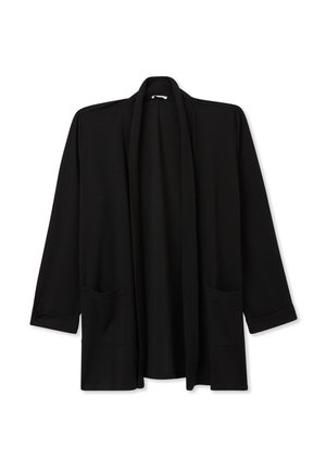 Cardigan nero realizzato in tessuto morbido con maniche lunghe, apertura frontale e due tasche frontali. Design minimalista senza chiusure visibili.