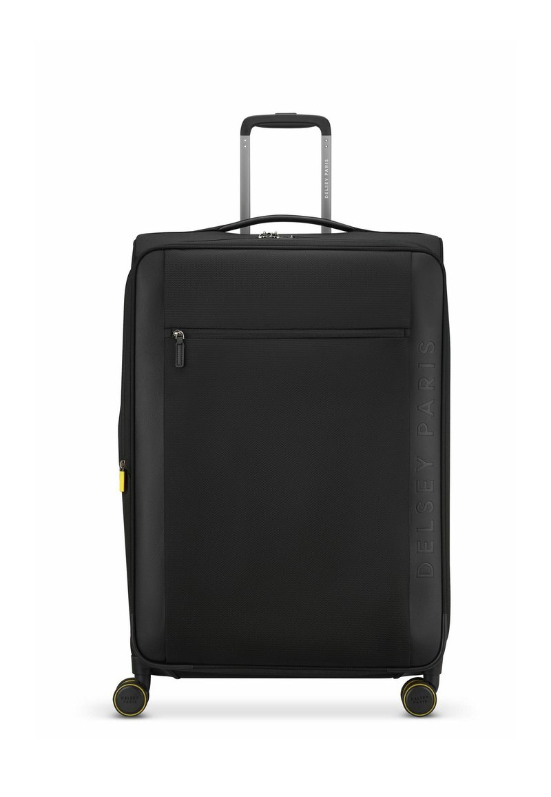 Valigia morbida nera con una finitura testurizzata, tasca frontale con zip, manico telescopico e quattro ruote con dettagli gialli.