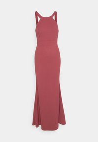 Mauve Bodycon-Kleid aus dehnbarem Material, mit einem taillierten Oberteil, breiten Trägern und einem ausgestellten Saum. Glatte Textur, minimalistisches Design.