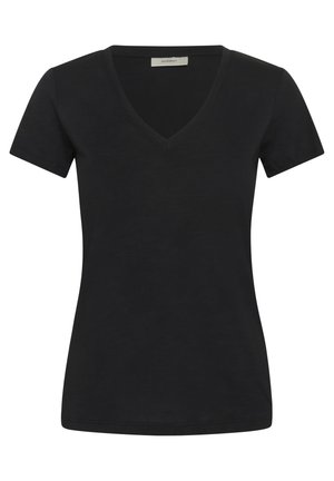 Melna īsām piedurknēm V-veida kakla T-kreklu, kas izgatavots no mīksta auduma. Funkcija ir pieguļoša forma ar tīru šuvju un bez papildu rotājumiem.