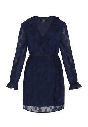 Marineblaues Wickelkleid mit transparenten langen Ärmeln, gerafftem Halsausschnitt, strukturiertem Blumenmuster und verstellbarem Taillengürtel.