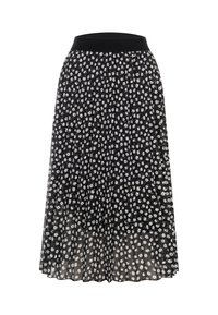 Jupe midi plissée noire avec taille élastique et petit motif floral blanc réparti uniformément.