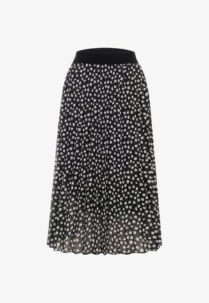 Svart plissert midiskjørt med elastisk midjebånd og et hvitt lite blomstertrykk jevnt fordelt.